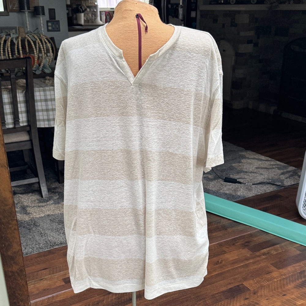 Men's Beige Striped Shirt. Linen Blend